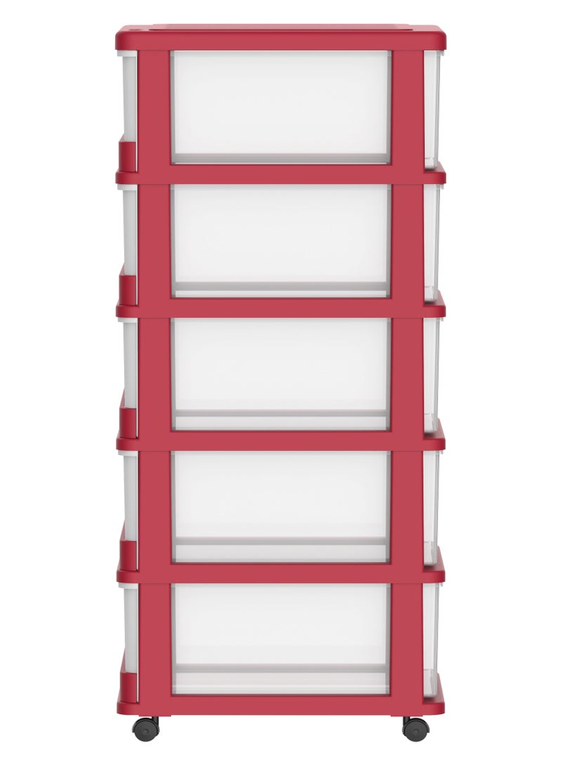 Cosmoplast خزانة تخزين 5 طبقات مع أدراج وعجلات بلاستيكية حمراء 50x40x114 سم - Image 4