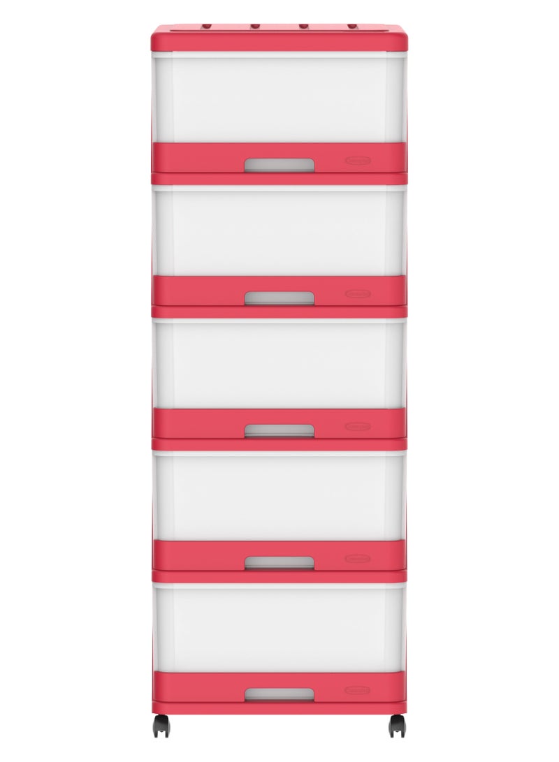 Cosmoplast خزانة تخزين 5 طبقات مع أدراج وعجلات بلاستيكية حمراء 50x40x114 سم - Image 2