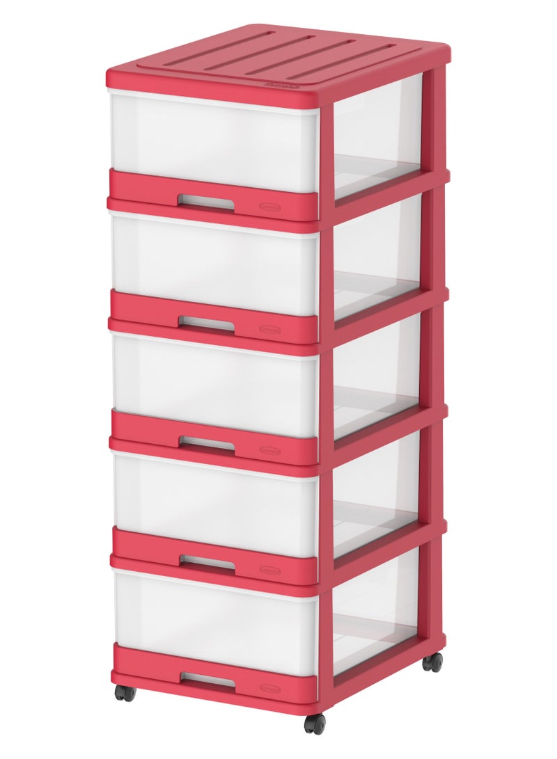 Cosmoplast خزانة تخزين 5 طبقات مع أدراج وعجلات بلاستيكية حمراء 50x40x114 سم - Image 1