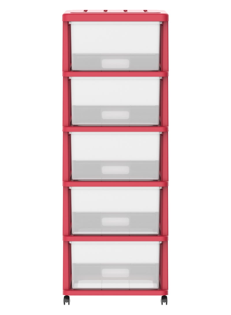 Cosmoplast خزانة تخزين 5 طبقات مع أدراج وعجلات بلاستيكية حمراء 50x40x114 سم - Image 3