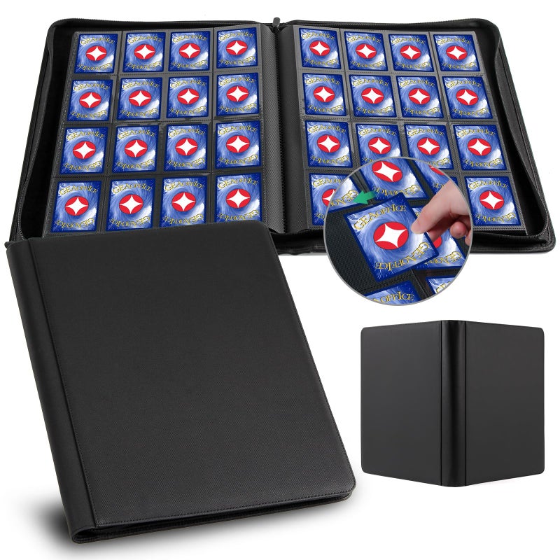 GEAoffice 16 Pocket Trading Card Binder for 1000+ Cards, Ringless Side-Loading 4x4 Card Binder with Zipper Closure, PU Leather 1024 Card Binder for MTG/TCG/Baseball/Sports&Game Cards, Black - Image 1