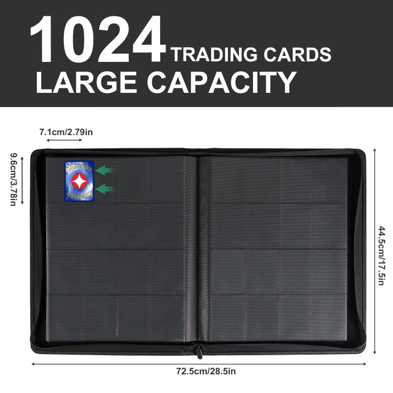 GEAoffice 16 Pocket Trading Card Binder for 1000+ Cards, Ringless Side-Loading 4x4 Card Binder with Zipper Closure, PU Leather 1024 Card Binder for MTG/TCG/Baseball/Sports&Game Cards, Black - Image 2