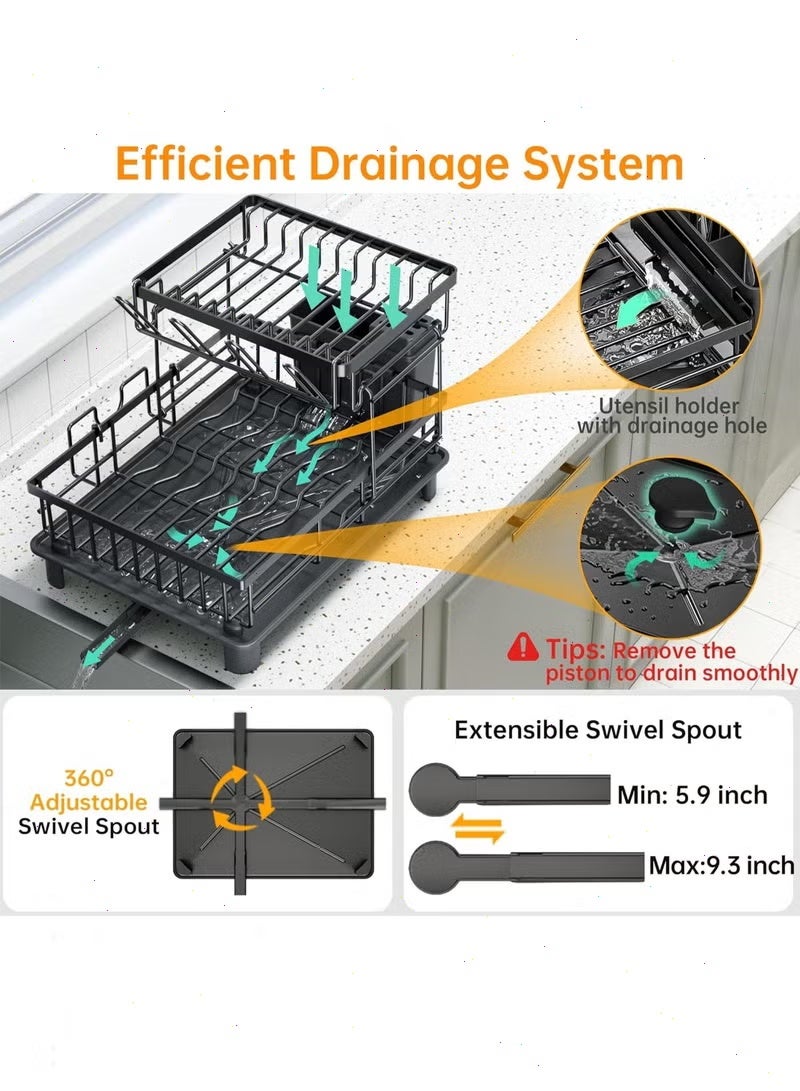 2-Tier Dish Drying Rack, Rustproof Kitchen Dish Rack with Drainboard, Utensil Holder, Cup Holder & Swivel Spout, Space-Saving Countertop Organizer - Image 3