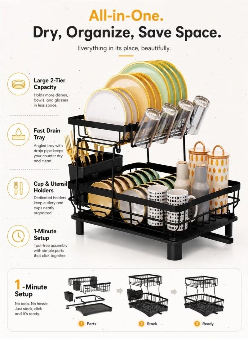 2-Tier Dish Drying Rack, Rustproof Kitchen Dish Rack with Drainboard, Utensil Holder, Cup Holder & Swivel Spout, Space-Saving Countertop Organizer - Image 4