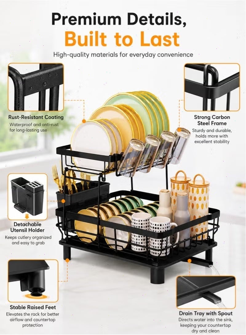 2-Tier Dish Drying Rack, Rustproof Kitchen Dish Rack with Drainboard, Utensil Holder, Cup Holder & Swivel Spout, Space-Saving Countertop Organizer - Image 5