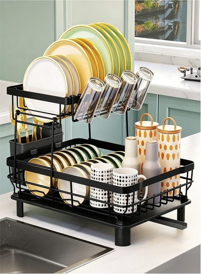 2-Tier Dish Drying Rack, Rustproof Kitchen Dish Rack with Drainboard, Utensil Holder, Cup Holder & Swivel Spout, Space-Saving Countertop Organizer - Image 1