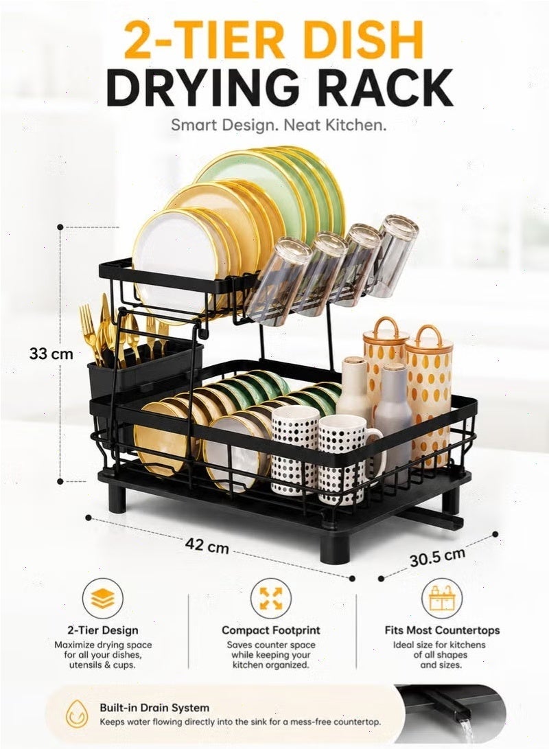 2-Tier Dish Drying Rack, Rustproof Kitchen Dish Rack with Drainboard, Utensil Holder, Cup Holder & Swivel Spout, Space-Saving Countertop Organizer - Image 2