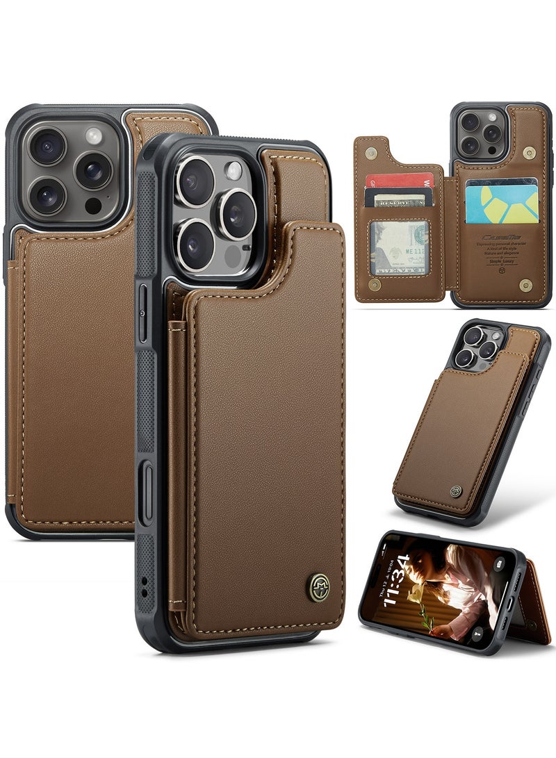 CaseMe Wallet Case for iPhone 16 Pro Premium Handmade Durable PU Leather Slim Shockproof Case with [Double Magnetic Clasp] [Card Holder] [Kickstand] [RFID Blocking] (Brown) - Image 1