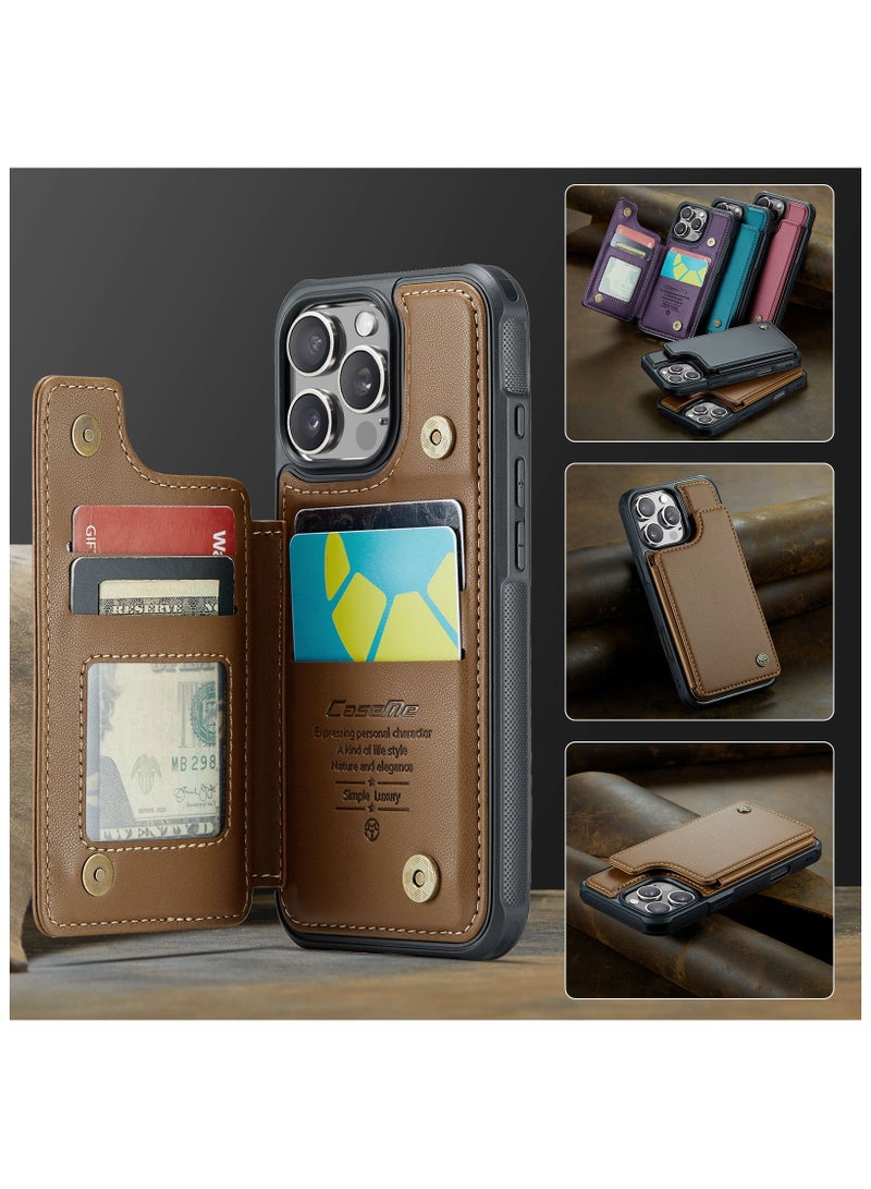 CaseMe Wallet Case for iPhone 16 Pro Premium Handmade Durable PU Leather Slim Shockproof Case with [Double Magnetic Clasp] [Card Holder] [Kickstand] [RFID Blocking] (Brown) - Image 2