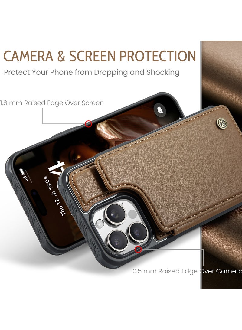 CaseMe Wallet Case for iPhone 16 Pro Premium Handmade Durable PU Leather Slim Shockproof Case with [Double Magnetic Clasp] [Card Holder] [Kickstand] [RFID Blocking] (Brown) - Image 4