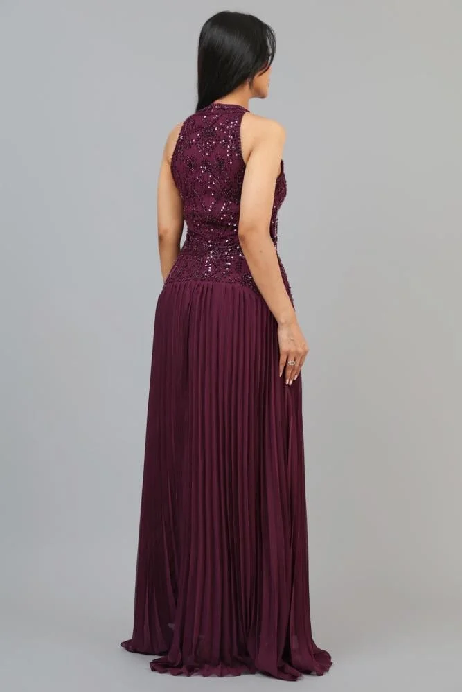 Opera Fashion Burgundy Long Evening Dress with Crystal Embroidery and Pleats