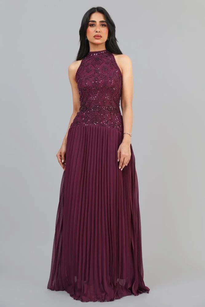 Opera Fashion Burgundy Long Evening Dress with Crystal Embroidery and Pleats