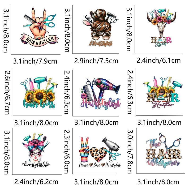 Amazingxy 9pcs Hairstylist Women Iron On Heat Transfer Stickers Ready to Press Vinyl Decal Patches for Jeans T-Shirt Jackets Backpacks Pillows DIY Appliques Decor - Image 2