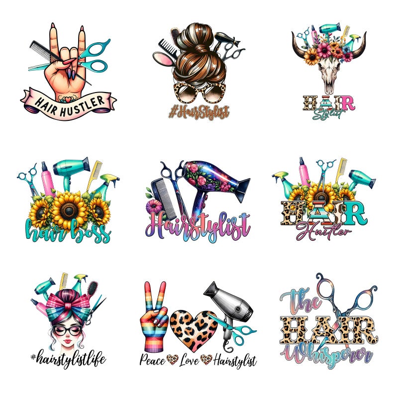 Amazingxy 9pcs Hairstylist Women Iron On Heat Transfer Stickers Ready to Press Vinyl Decal Patches for Jeans T-Shirt Jackets Backpacks Pillows DIY Appliques Decor - Image 1