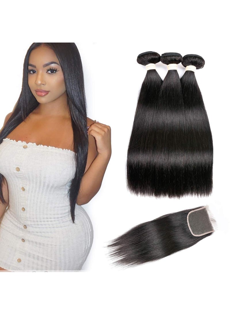 Beauhair - Brazilian Virgin Human Hair 3 Bundles With 4x 4 Lace Free Part Closure Straight Wave Weft 100 Real Human Hair Extensions Natural Color 18 18 1816Closure - Image 1