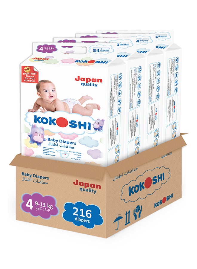 Kokoshi Premium Baby Diapers Size 4 (9-13 kg), 216 pcs – Ultra-Soft, Hypoallergenic, 12h Protection, Breathable, Leak-Proof Japanese, Wetness Indicator - Image 1
