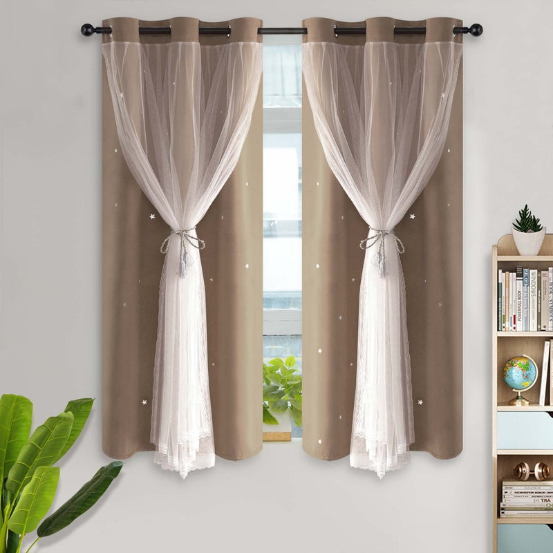 Kinryb 63 Inch Long Star Cut-Out Blackout Curtains for Bedroom Mix and Match Curtain for Kids Girls Bedroom Thermal Insulated Drape 42"" W x 63"" L Coffee 2 Panels - Image 1