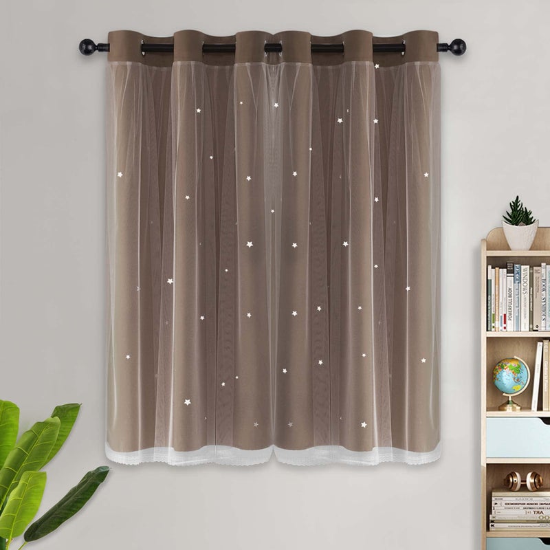 Kinryb 63 Inch Long Star Cut-Out Blackout Curtains for Bedroom Mix and Match Curtain for Kids Girls Bedroom Thermal Insulated Drape 42"" W x 63"" L Coffee 2 Panels - Image 3