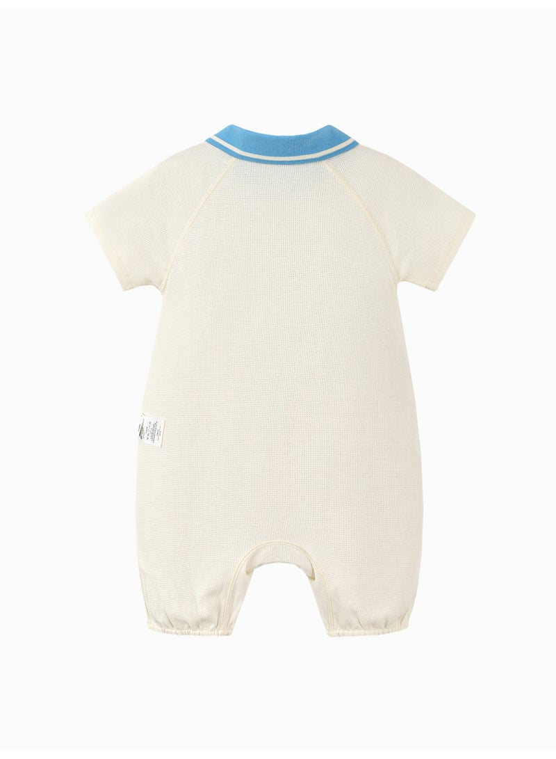 mini bala Unisex Baby Stylish Short - Sleeve Romper, Soft Breathable Textured Fabric, Contrast Polo Collar, Cute Embroidered Detail, Snap Button Closure, Perfect for Daily Outings and Casual Events Infant Romper - Image 2