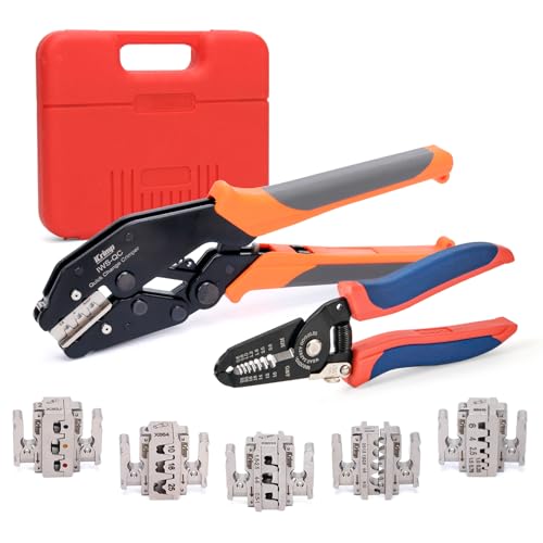 IWISS iCrimp Rachet Crimping Tool Set with Wire Stripper Quick Change Jaws for Open Barrel Terminals Insulated Noninsulated Terminals Solar Terminals End Sleeves Ferrules 8PCS included - Image 1