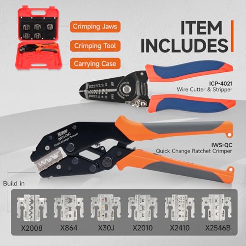 IWISS iCrimp Rachet Crimping Tool Set with Wire Stripper Quick Change Jaws for Open Barrel Terminals Insulated Noninsulated Terminals Solar Terminals End Sleeves Ferrules 8PCS included - Image 3