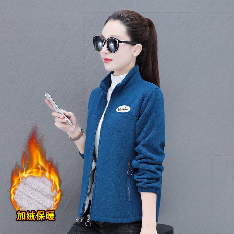Double-sided fleece-lined thick warm stand collar fleece jacket womens autumn and winter middle-aged mom loose meat-covering zipper shirt Blue 