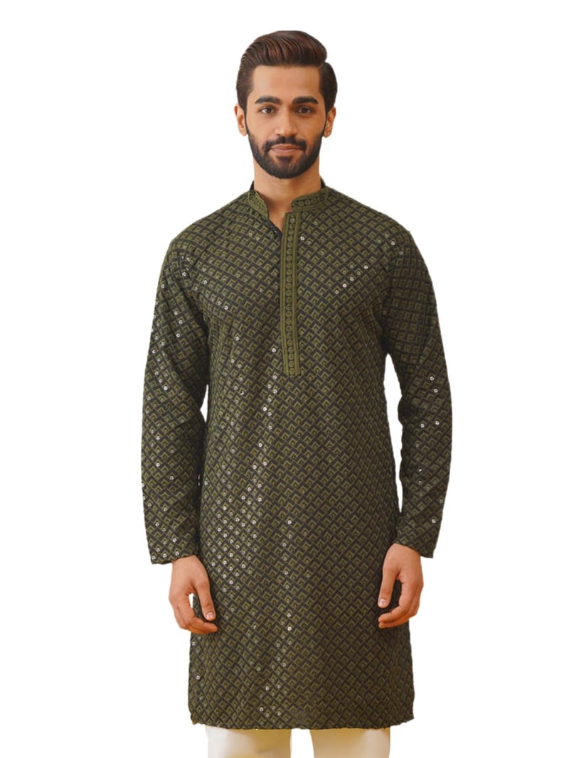 Jompers Men's Sequin Embroidered Pure Cotton Kurta in Geometric Pattern - Image 1