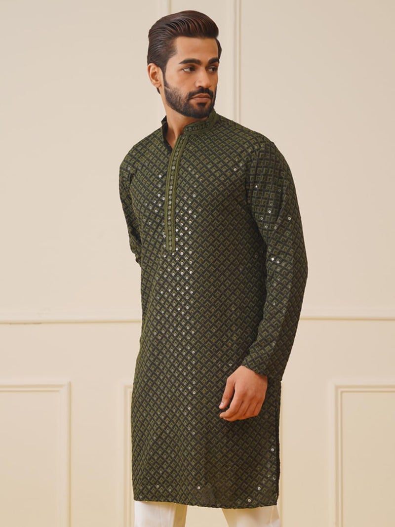 Jompers Men's Sequin Embroidered Pure Cotton Kurta in Geometric Pattern - Image 3