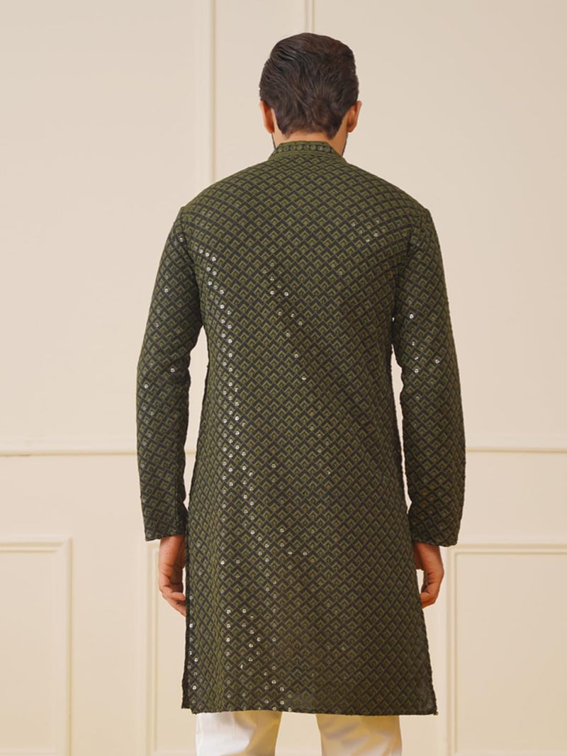 Jompers Men's Sequin Embroidered Pure Cotton Kurta in Geometric Pattern - Image 2