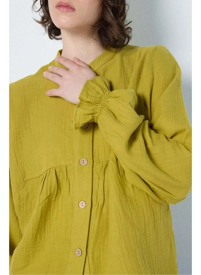 mina aise Women's Ruffled Muslin Shirt Olive Green 31146.