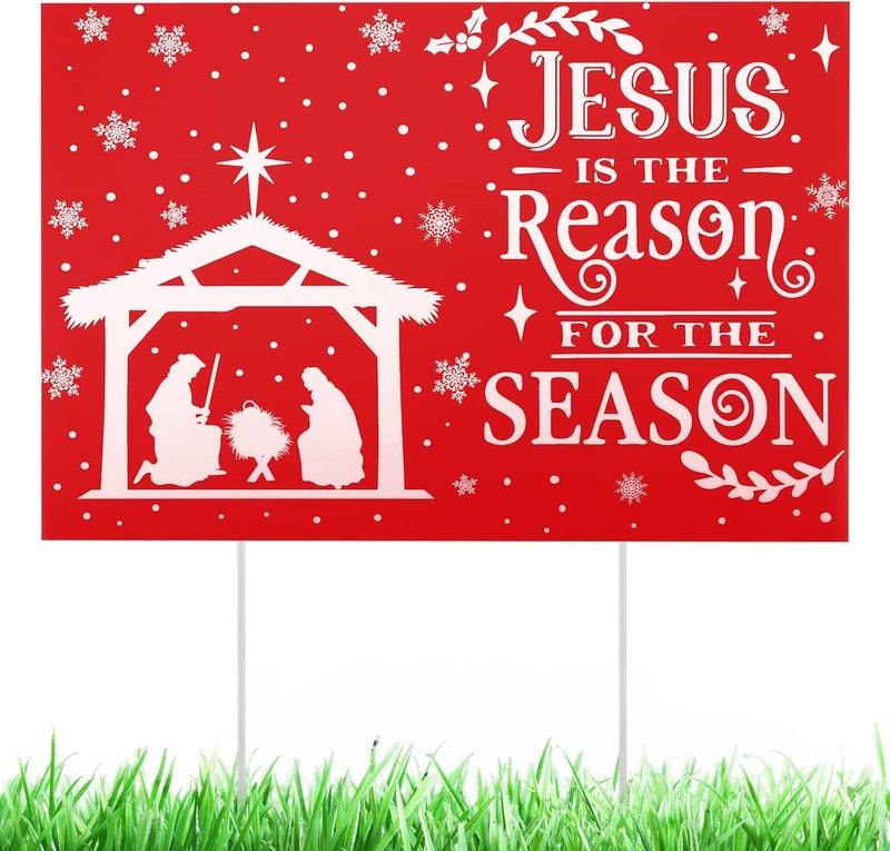 Marsui Jesus is The Reason for The Season Yard Sign Christmas Nativity Outdoor Decoration Lawn Sign Manger Scene Religious Lawn Decorations with Stakes for Christmas Decor, Church, Home Decoration (Red) - Image 1