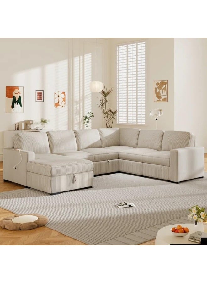 Comfynest Oversized U-Shape Sleeper Sectional Sofa with Storage Chaise – Convertible Modular Couch with Pull-Out Bed (Beige, Right Chaise) - Image 1