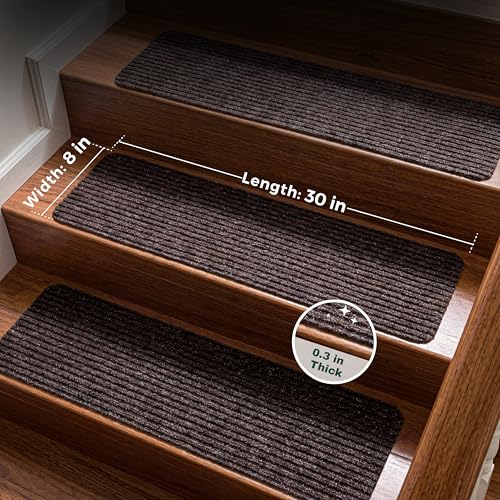 MBIGM 8" X 30" (15 in Pack) Nonslip Carpet Stair Treads Non-Skid Safety Rug Slip Resistant Indoor Runner for Kids Elders & Pets with Reusable Adhesive - Brown - Non Slip Stair Treads Indoor - Image 2