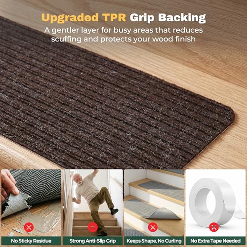 MBIGM 8" X 30" (15 in Pack) Nonslip Carpet Stair Treads Non-Skid Safety Rug Slip Resistant Indoor Runner for Kids Elders & Pets with Reusable Adhesive - Brown - Non Slip Stair Treads Indoor - Image 5