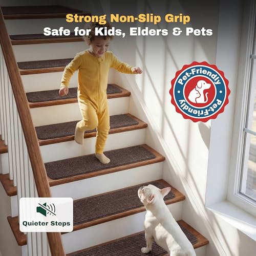 MBIGM 8" X 30" (15 in Pack) Nonslip Carpet Stair Treads Non-Skid Safety Rug Slip Resistant Indoor Runner for Kids Elders & Pets with Reusable Adhesive - Brown - Non Slip Stair Treads Indoor - Image 4