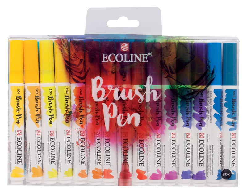 Ecoline Brush Pen Set of 30 Liquid Watercolor Pens  Basic Colors  Blendable Brush Markers for Hand Lettering Drawing  Crafts