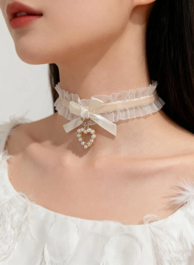 تايك تو Bow Lace Faux Pearl Heart Choker Necklace