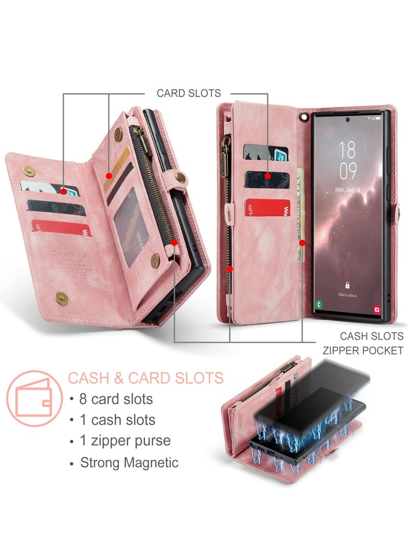 CaseMe For Samsung Galaxy S24 Ultra Wallet Case, Zipper Purse Folio Leather Wallet with Card Holder Wrist Strap, 2-in-1 Detachable Magnetic Shockproof Full Body Protective Back Cover (Pink)  - Image 2