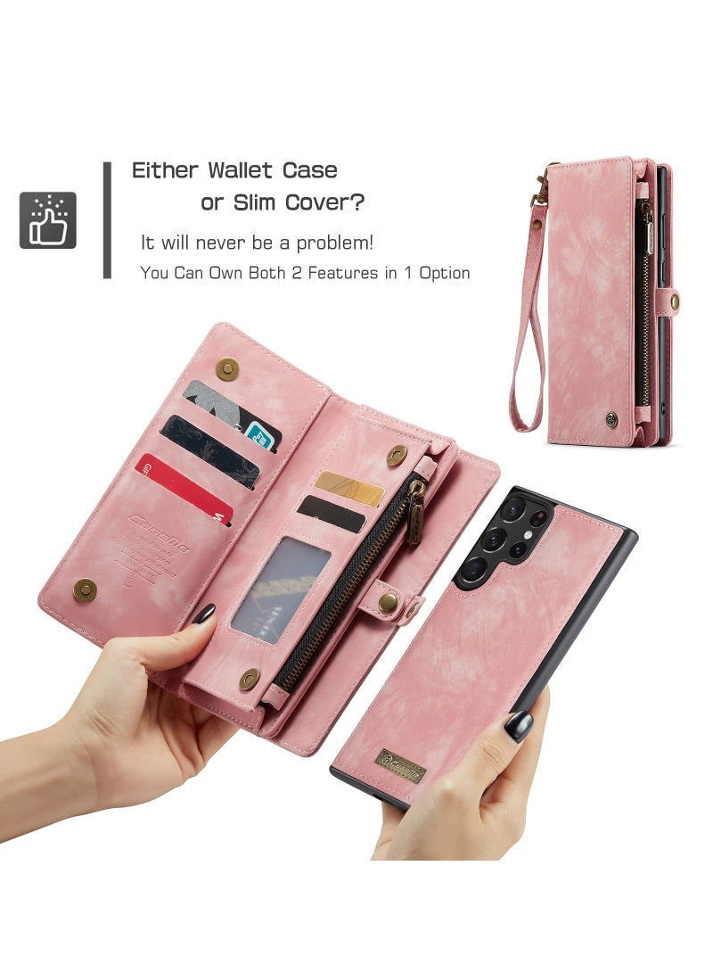 CaseMe For Samsung Galaxy S24 Ultra Wallet Case, Zipper Purse Folio Leather Wallet with Card Holder Wrist Strap, 2-in-1 Detachable Magnetic Shockproof Full Body Protective Back Cover (Pink)  - Image 3