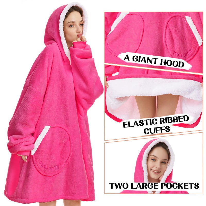 Zando Zando Pink Blanket Hoodie Oversized Wearable Adult Sherpa Hoodie Women Sweater Blanket Sweatshirt with Pockets Hooded Blanket with Sleeves Cozy Warm Comfy Blanket Hoodie Gifts for Women and Mens - Image 3