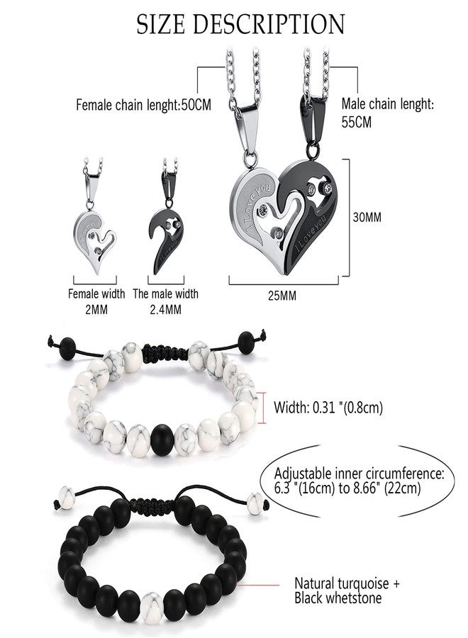 Cupimatch 2 Pairs Couple Matching Necklace Bracelets, Adjustable Stainless Steel I Love You Heart Puzzle Necklace His and Hers Howlite Matte Agate Beads Distance Bracelet - Image 4