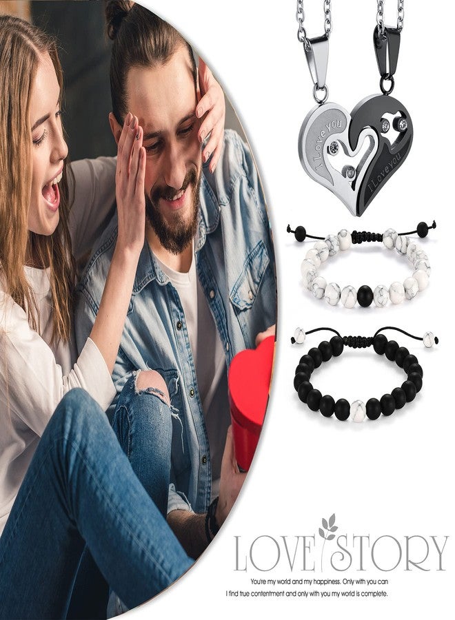 Cupimatch 2 Pairs Couple Matching Necklace Bracelets, Adjustable Stainless Steel I Love You Heart Puzzle Necklace His and Hers Howlite Matte Agate Beads Distance Bracelet - Image 5