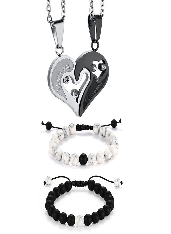 Cupimatch 2 Pairs Couple Matching Necklace Bracelets, Adjustable Stainless Steel I Love You Heart Puzzle Necklace His and Hers Howlite Matte Agate Beads Distance Bracelet - Image 1