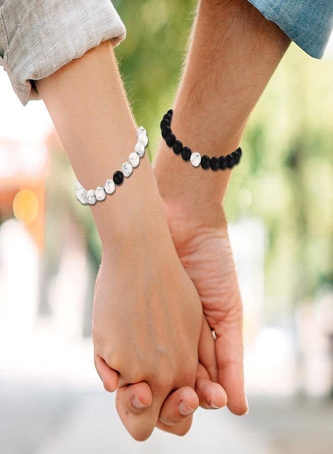 Cupimatch 2 Pairs Couple Matching Necklace Bracelets, Adjustable Stainless Steel I Love You Heart Puzzle Necklace His and Hers Howlite Matte Agate Beads Distance Bracelet - Image 3
