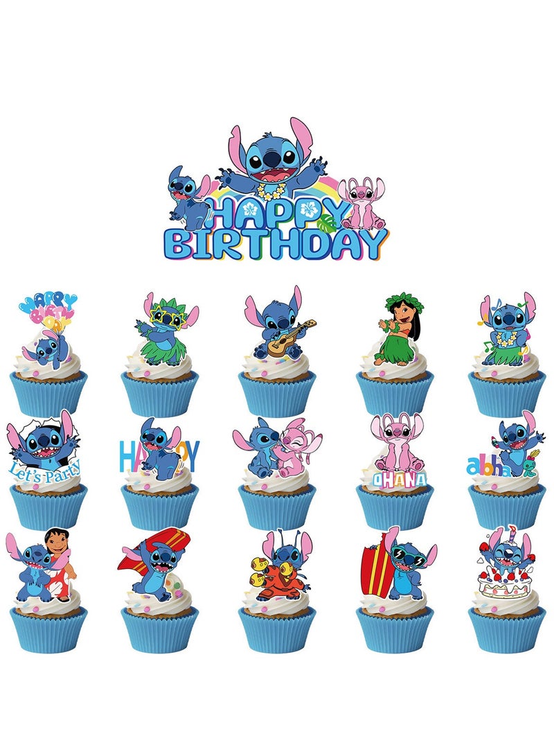 JAYATO 16 قطعة زينة كعكة حفلة ليلو وستيتش، زينة كعكة وستيتش وكعكات للأطفال، الأولاد والبنات، زينة توبيرز - Image 1