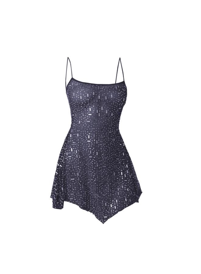 Popular Women's Clothing Independent Station Party Hot Drilling Semi-perspective Sling Short Dress 