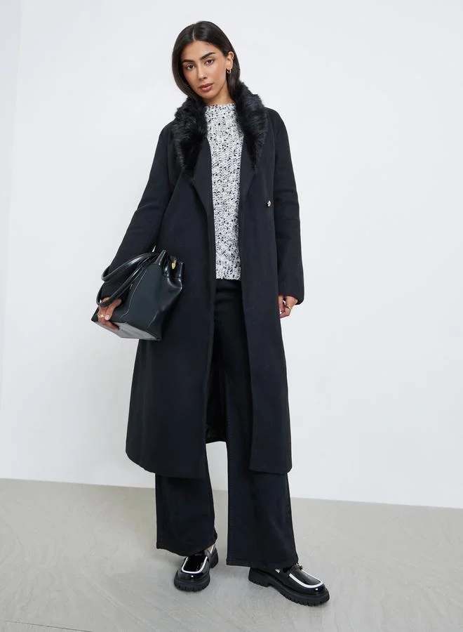 Styli Black Wool Like Belted Coat with Faux Fur