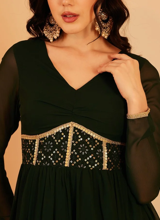 Indo Street Embellished Green Maxi Dress for Women