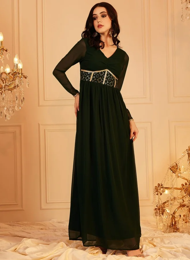 Indo Street Embellished Green Maxi Dress for Women