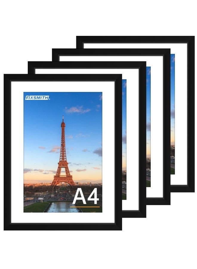 مجموعة من 4 إطارات صور A4 سوداء، إطارات صور مقاس 8.3x11.7 بوصة مع زجاج شبكي عالي الدقة، إطارات تجميع جدارية للديكور المنزلي والمكتبي - Image 1